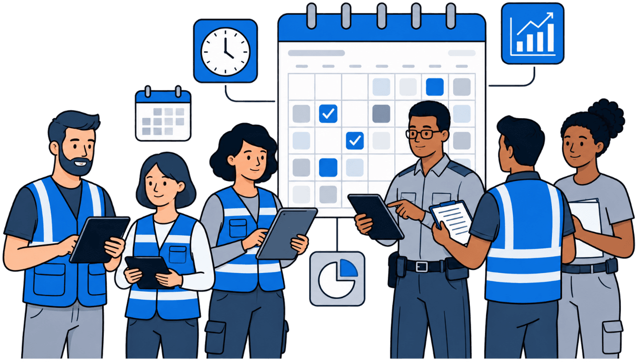 Equipo de trabajadores por turnos coordinando su cobertura mensual frente a un calendario